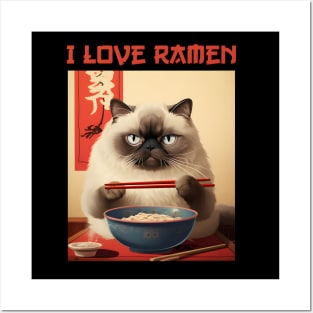 Quirky Chubby Himalayan Kitty Cat Eating Ramen - I Love Ramen Posters and Art